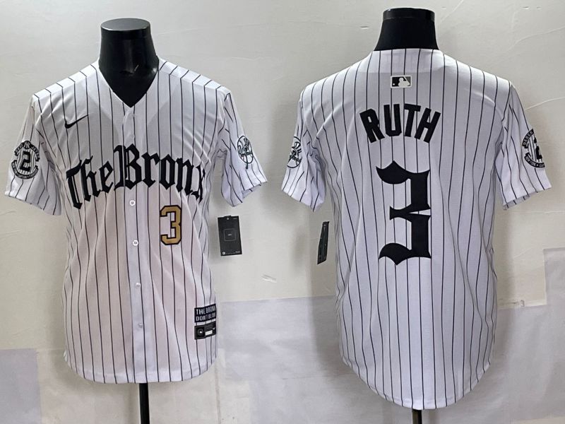 Men 2025 New York Yankees #3 Ruth White Stripe Five generations Joint Name Nike MLB Jersey style 03